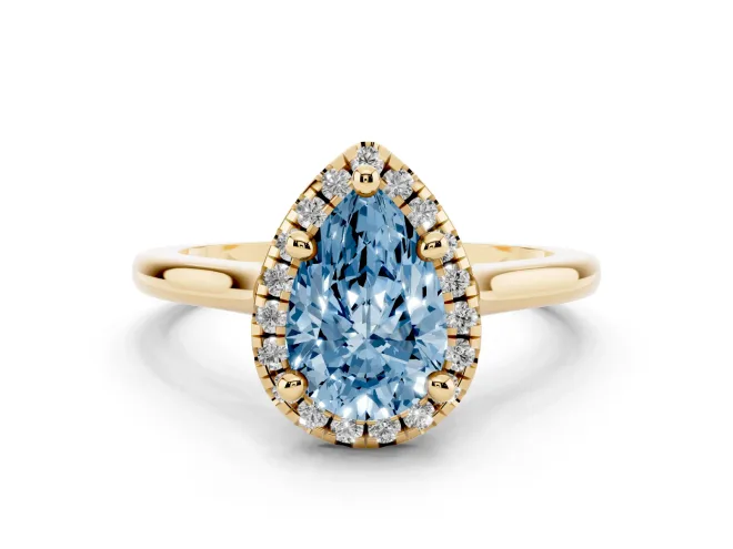 Fancy Blue Pear Cut Diamond Halo Engagement Ring Set in Yellow gold with Pavé Band and Rising Shoulders
