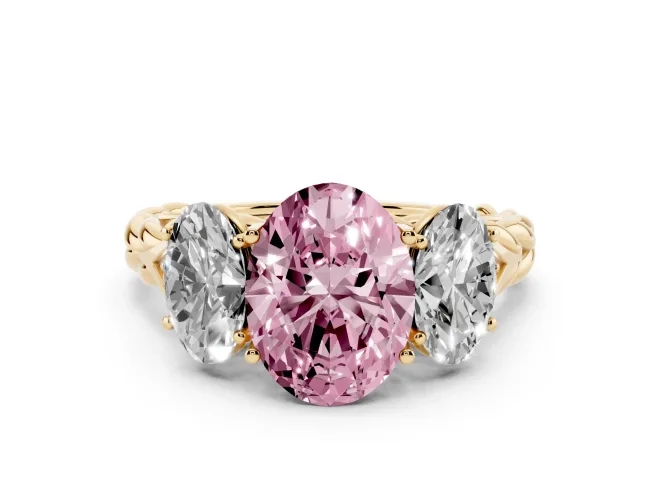 Oval Three Stone Engagement Ring Setting for a Fancy Pink Lab-Grown Diamond | Braided Band | Yellow Gold