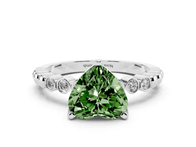 Fancy Green Heart Cut Diamond Solitaire Engagement Ring Set in Silver with Bezel Accents on Beaded Band