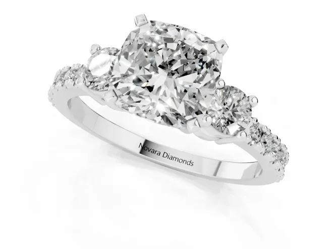 Three-Stone Cushion Cut Diamond Pavé Band Ring Set in Platinum with Prong Setting – second view