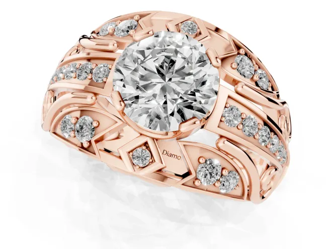 Round Cut Diamond Art Deco Ring Set in Rose gold with Pavé Split Shank – second view