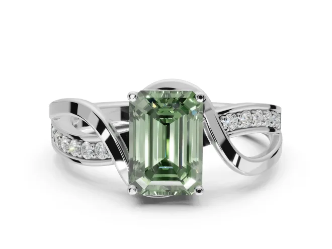 Emerald Cut Bypass Solitaire Engagement Ring Setting for a Fancy Green Lab-Grown Diamond | Sterling Silver
