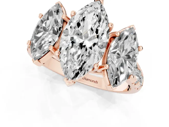 Marquise Cut Diamond Three-Stone Ring Set in Rose gold with Pavé Band – second view