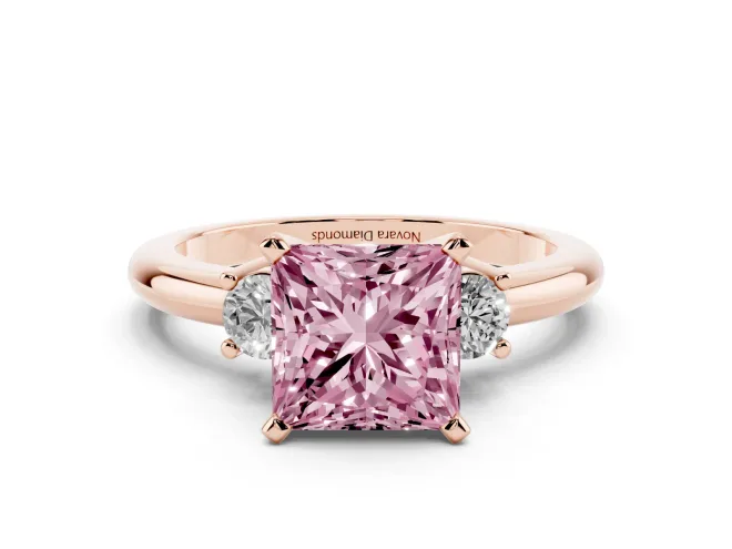 Princess Cut Three Stone Engagement Ring Setting for a Fancy Pink Lab-Grown Diamond | Round Side Stones | Rose Gold