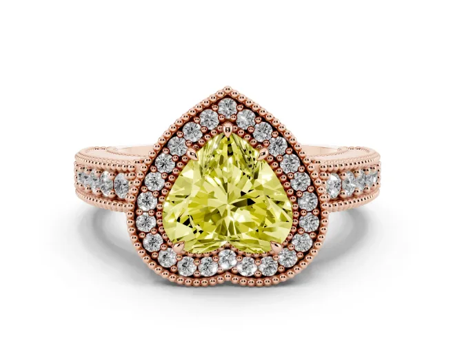 Heart-Shaped Milgrain Halo Engagement Ring Setting for a Fancy Yellow Lab-Grown Diamond | Carved Leaf Detail | Rose Gold