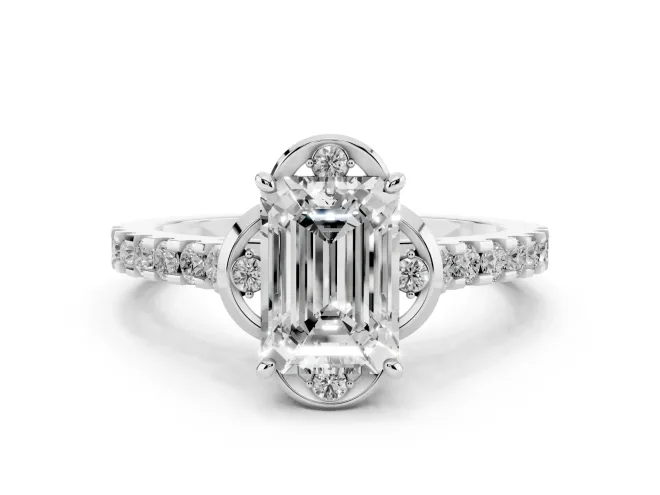 Emerald Cut Diamond Solitaire Ring Set in White gold with Pavé Band and Floral Prong Setting