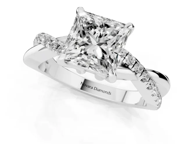 Princess Cut Diamond Twist Band Solitaire Set in White gold with Pavé Accents and Prong Setting – second view