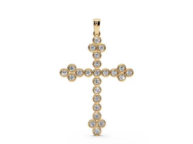 Round Lab-Grown Diamond Bezel Cross Pendant Necklace | Trefoil Ends | Yellow Gold