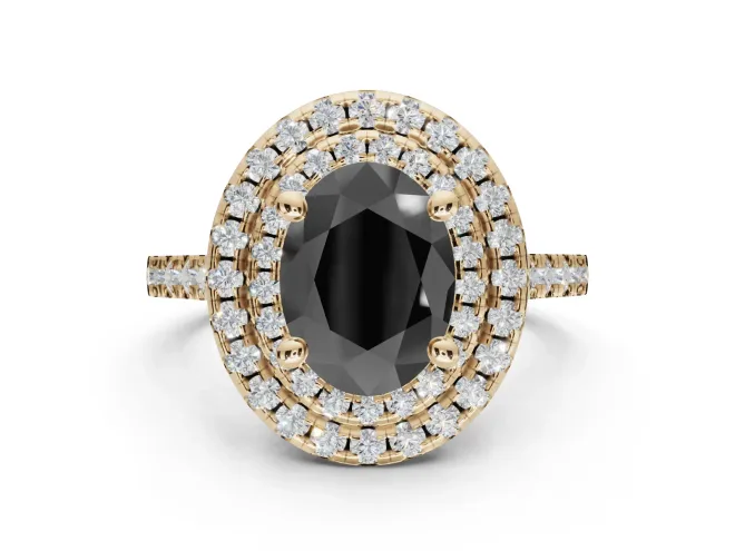 Oval Double Halo Engagement Ring Setting for a Black Center | Pavé Shoulders | Yellow Gold