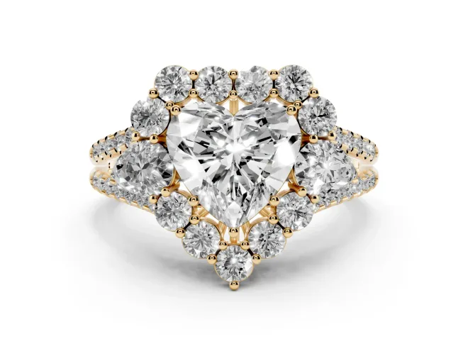Heart-Shaped Scalloped Halo Engagement Ring Setting | Pear Side Stones | Yellow Gold