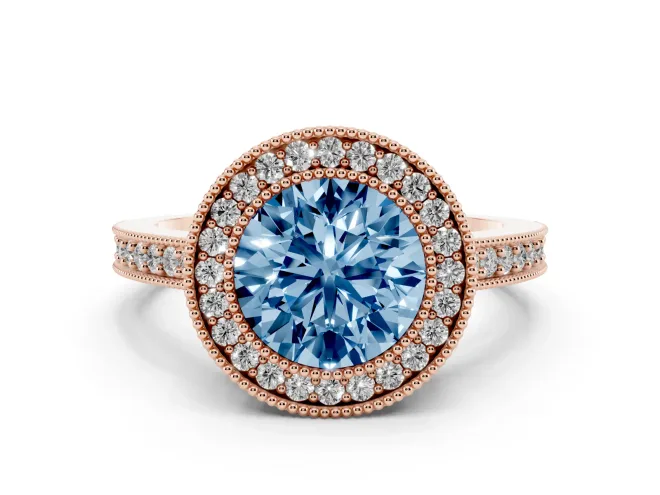 Fancy Blue Round Cut Diamond Halo Engagement Ring Set in Rose gold with Pavé Band and Round Halo Stones