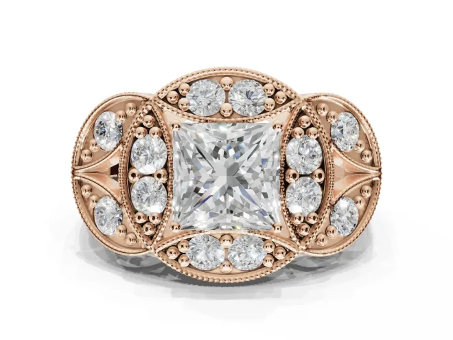 Princess Cut Vintage Floral Halo Engagement Ring Setting | Engraved Milgrain Band | Rose Gold