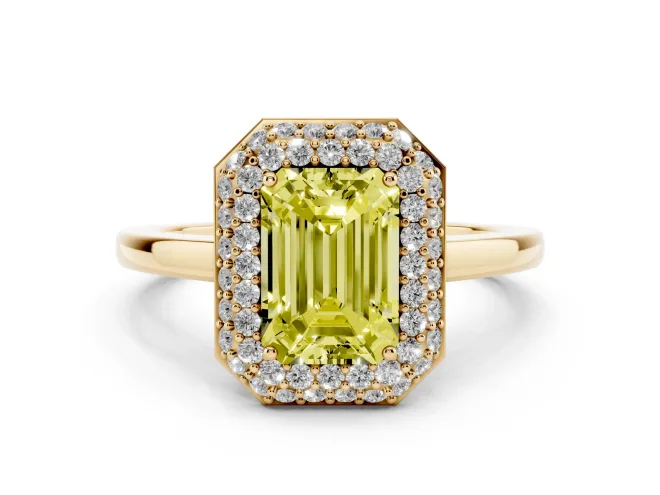 Emerald Cut Pavé Halo Engagement Ring Setting for a Fancy Yellow Lab-Grown Diamond | Slim Plain Band | Yellow Gold