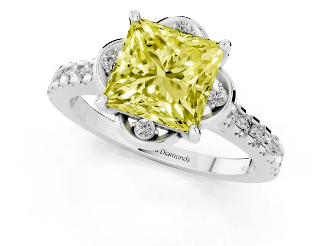 Fancy Yellow Princess Cut Diamond Solitaire Ring Set in Platinum with Pavé Band and Floral Prong Setting – second view