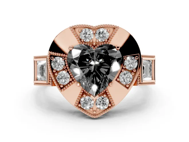 Heart-Shaped Milgrain Sectioned Halo Engagement Ring Setting for a Black Center | Rose Gold