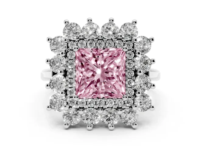 Fancy Pink Princess Cut Diamond Floral Double Halo Ring Set in White gold with Round Petals
