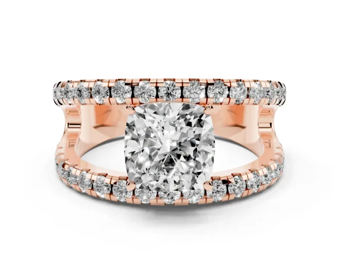 Cushion Cut Wide Open Split Shank Engagement Ring Setting | Pavé Strands | Rose Gold