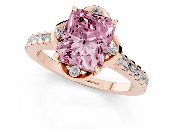 Fancy Pink Radiant Cut Diamond Solitaire Ring Set in Rose gold with Pavé Band and Floral Prong Setting – second view