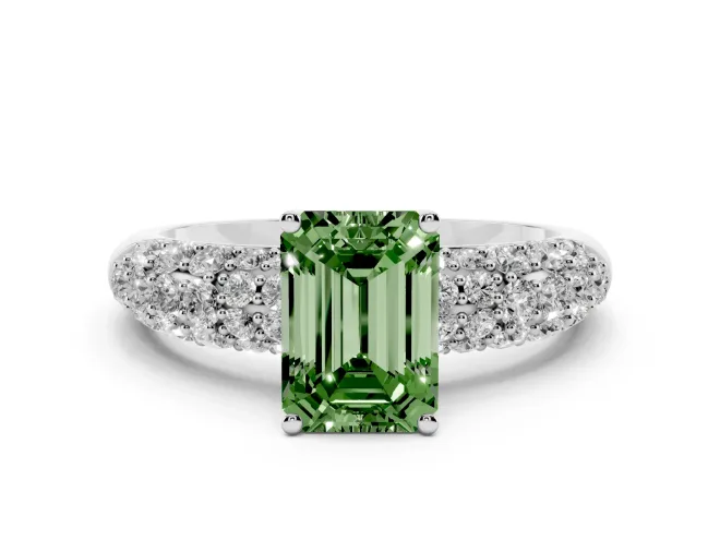 Emerald Cut Close Set Pavé Engagement Ring Setting for a Fancy Green Lab-Grown Diamond | Multi Row | Sterling Silver