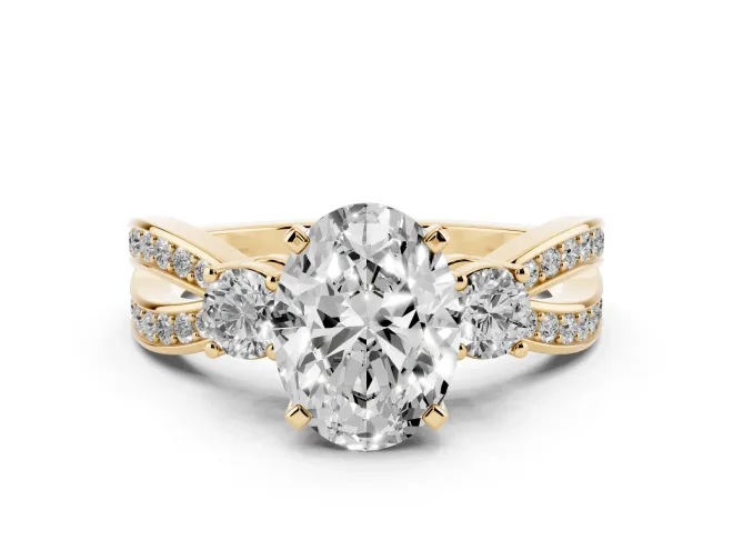Oval Three-Stone Pavé Twist Engagement Ring Setting | Split Shank | Yellow Gold