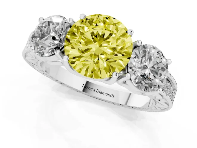 Fancy Yellow Round Cut Diamond Three-Stone Engagement Ring Set in White gold with Milgrain Pavé Band – second view