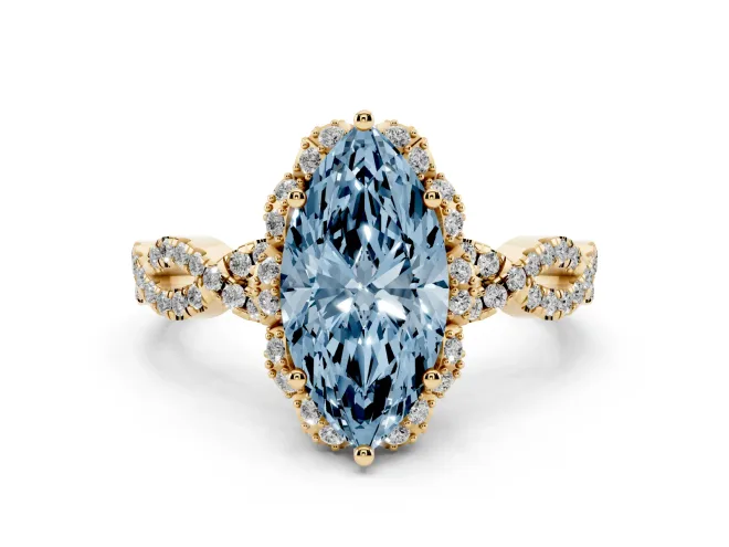 Marquise Milgrain Halo Engagement Ring Setting for a Fancy Blue Lab-Grown Diamond | Graduated Shoulders | Yellow Gold