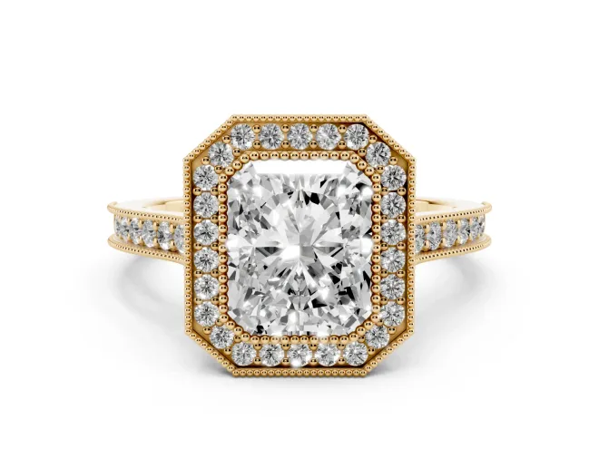 Radiant Cut Diamond Halo Milgrain Pavé Band Ring Set in Yellow gold with Prong Setting