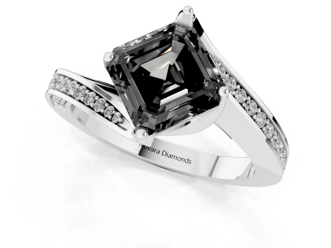 Fancy Black Asscher Cut Diamond Solitaire Ring Set in Silver with Intertwined Pavé Twist Band – second view