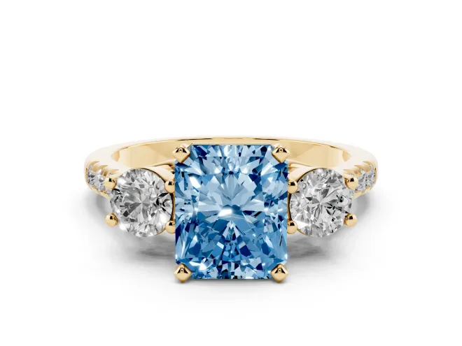 Radiant Cut Three-Stone Engagement Ring Setting for a Fancy Blue Lab-Grown Diamond | Yellow Gold