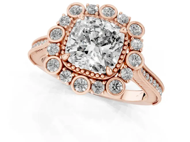 Cushion Cut Diamond Halo Milgrain Pavé Ring Set in Rose gold with Prong Setting – second view