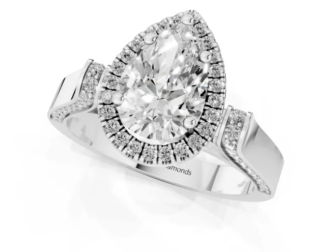 Pear Cut Diamond Halo Ring Set in Platinum with Pavé-Lined Split Shank Band – second view