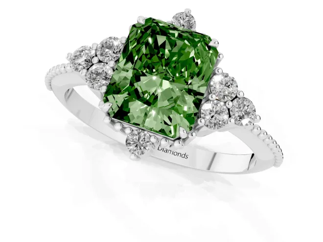 Fancy Green Radiant Cut Diamond Cluster Ring Set in White gold with Beaded Band – second view