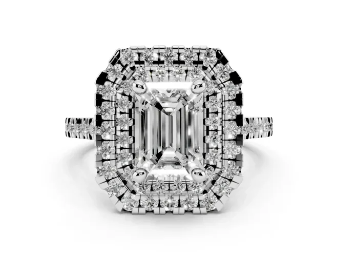 Emerald Cut Diamond Double Halo Statement Ring Set in White gold with Pavé Band