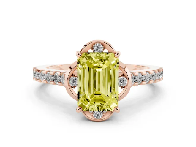 Fancy Yellow Emerald Cut Diamond Solitaire Ring Set in Rose gold with Pavé Band and Floral Prong Setting
