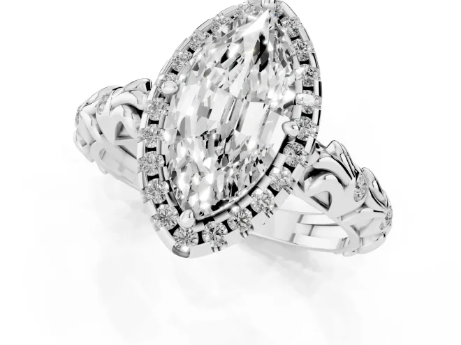 Marquise Cut Diamond Halo Ring Set in Platinum with Filigree Leaf Band and Prong Setting – second view