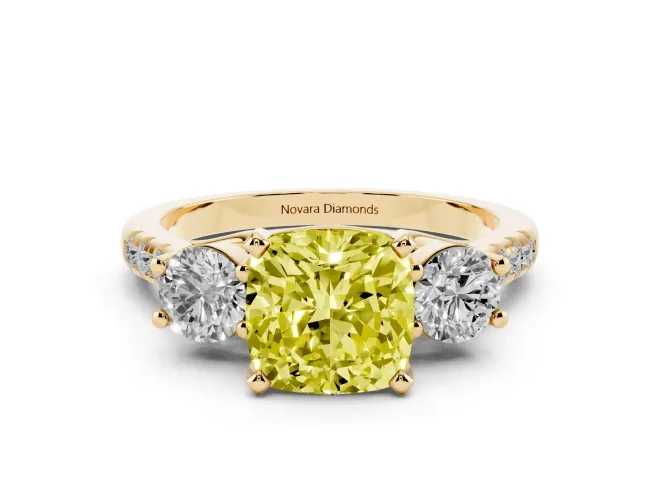 Cushion Cut Three-Stone Engagement Ring Setting for a Fancy Yellow Lab-Grown Diamond | Yellow Gold