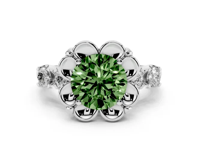 Round Floral Engagement Ring Setting for a Fancy Green Lab-Grown Diamond | Petal Frame and Side Stones | Sterling Silver