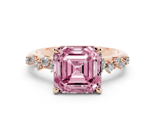 Fancy Pink Asscher Cut Diamond Solitaire Vine Band Ring Set in Rose gold with Round Accents and Prong Setting