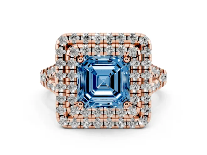 Fancy Blue Asscher Cut Diamond Double Halo Ring Set in Rose gold with Pavé Split Shank and Prong Setting
