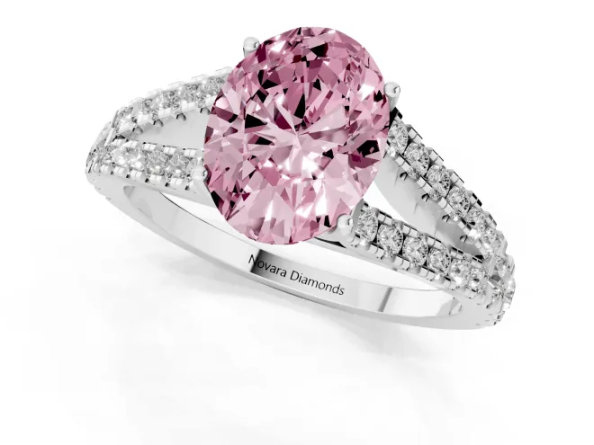 Fancy Pink Oval Cut Diamond Split Shank Pavé Engagement Ring Set in Platinum with Prong-Held Center Stone – second view