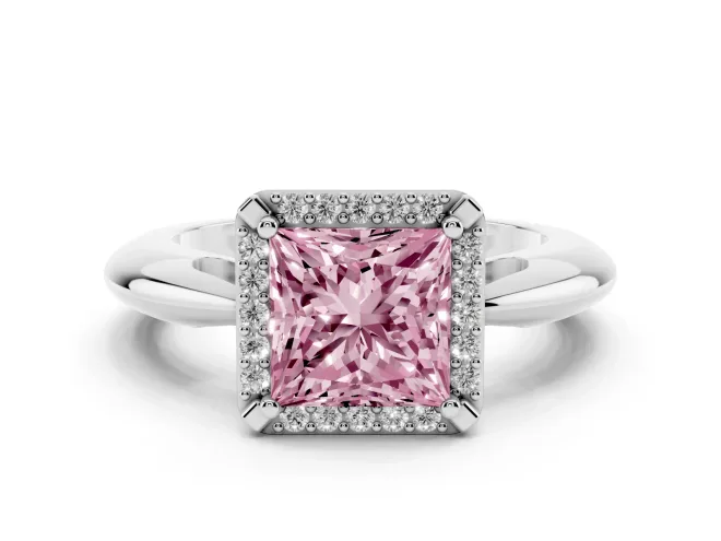 Princess Cut Halo Engagement Ring Setting for a Fancy Pink Lab-Grown Diamond | Plain Tapered Band | White Gold