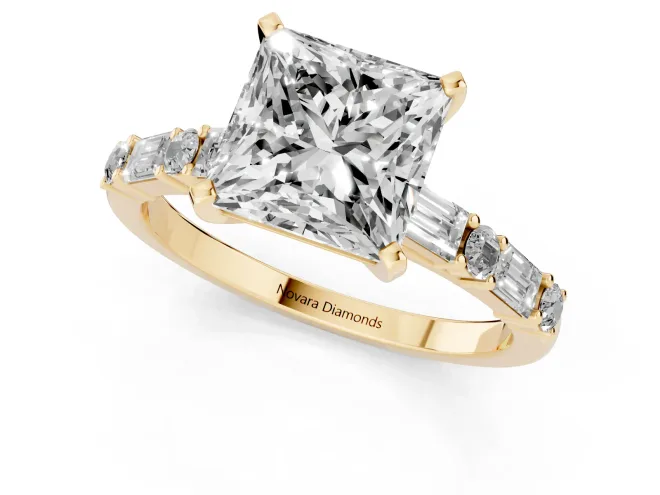 Princess Cut Diamond Solitaire Set in Yellow gold with Side Baguettes and Channel Set Band – second view