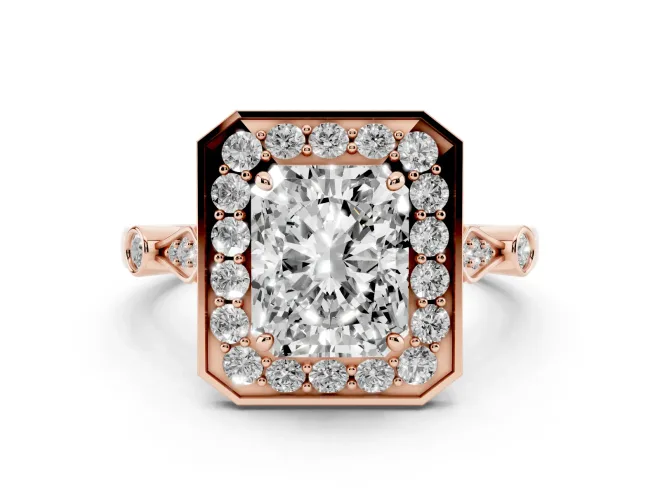Radiant Cut Diamond Halo Engagement Ring Set in Rose gold with Twisted Band and Prong Setting
