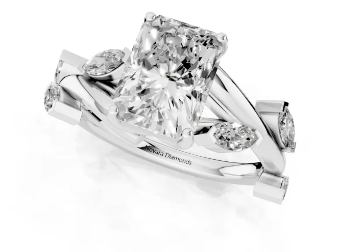 Radiant Cut Diamond Solitaire Ring Set in White gold with Twisted Marquise Accent Band – second view