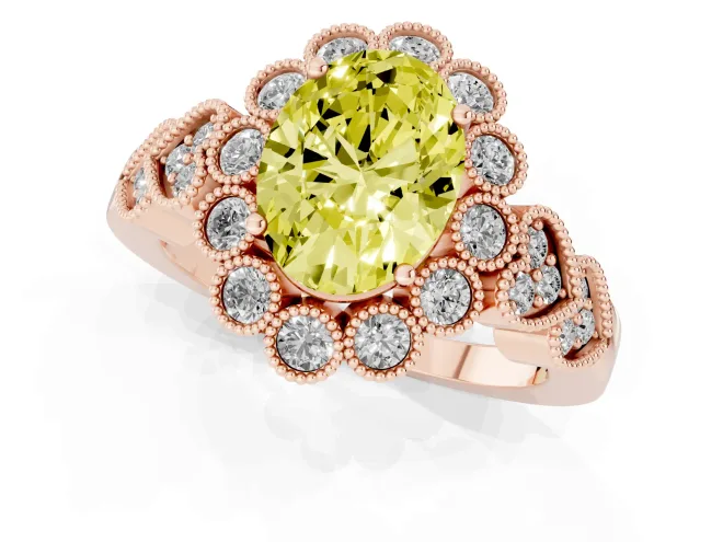 Fancy Yellow Oval Cut Diamond Solitaire Ring Set in Rose gold with Milgrain Pavé Heart Band – second view