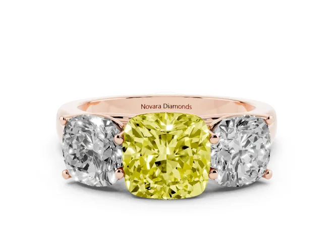 Cushion Cut Three Stone Engagement Ring Setting for a Fancy Yellow Lab-Grown Diamond | Basket Prong Heads | Rose Gold