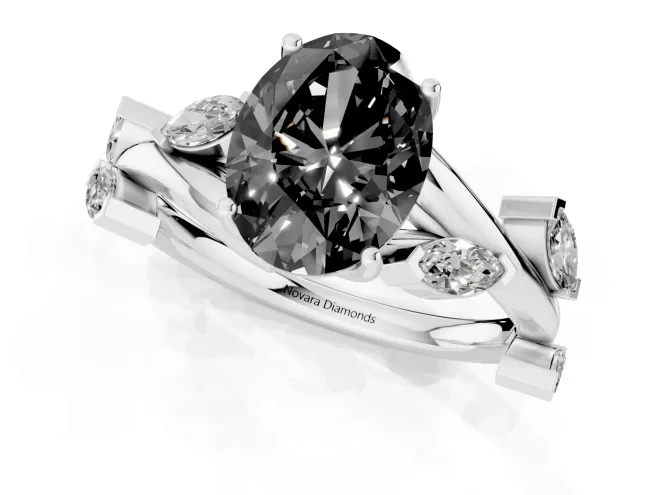 Fancy Black Oval Cut Diamond Solitaire Ring Set in White gold with Twisted Marquise Accent Band – second view