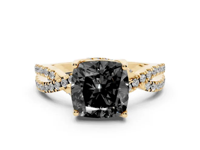 Cushion Cut Twisted Pavé Engagement Ring Setting for a Black Center | Split Shank | Yellow Gold
