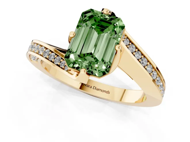 Fancy Green Emerald Cut Diamond Solitaire Ring Set in Yellow gold with Intertwined Pavé Twist Band – second view