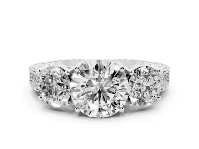 Round Cut Diamond Three-Stone Engagement Ring Set in White gold with Milgrain Pavé Band